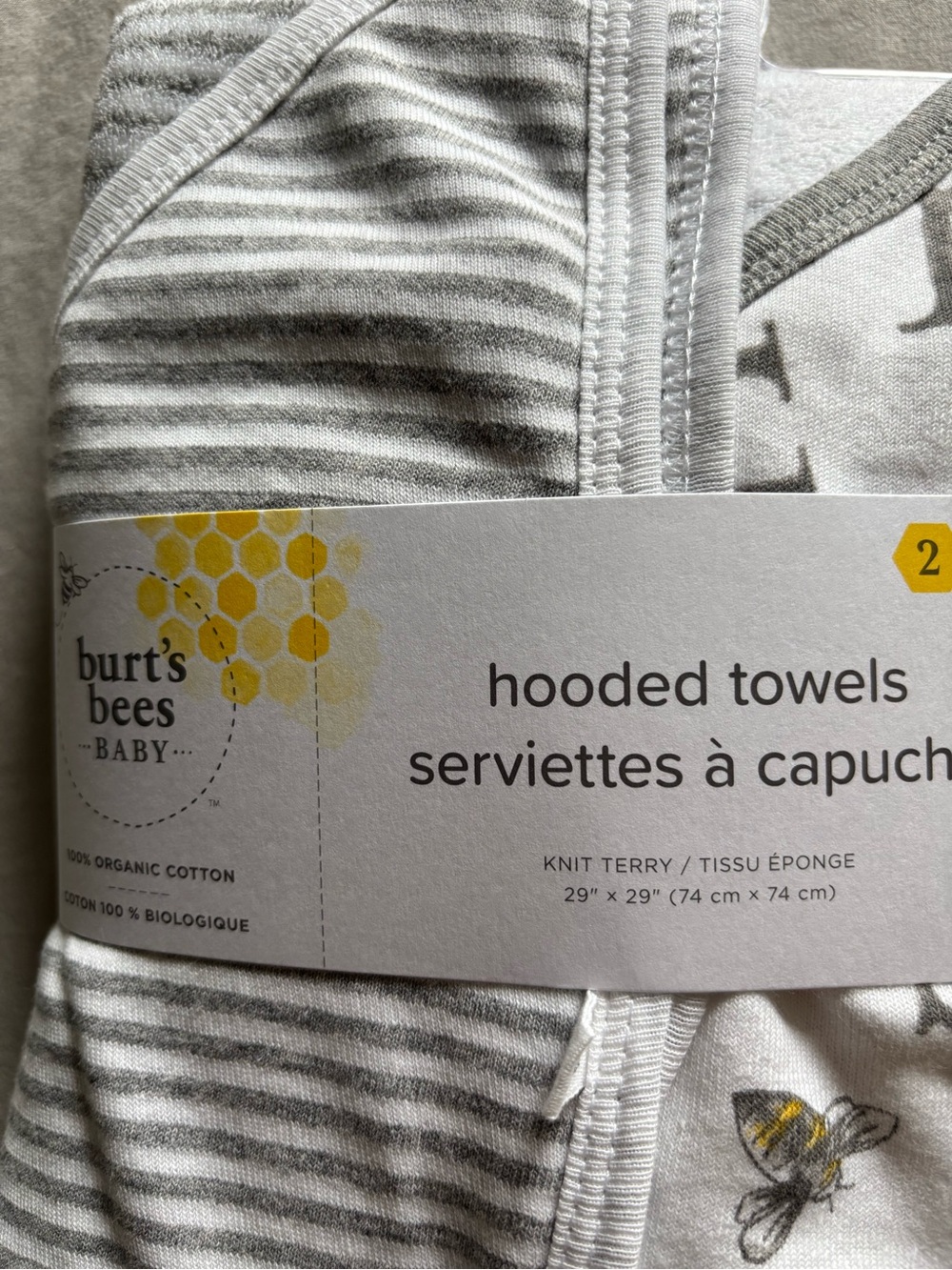 NWT Burt's Bees Baby Hooded Towels - Gray Striped/ Bees (2 pack) 100% cotton